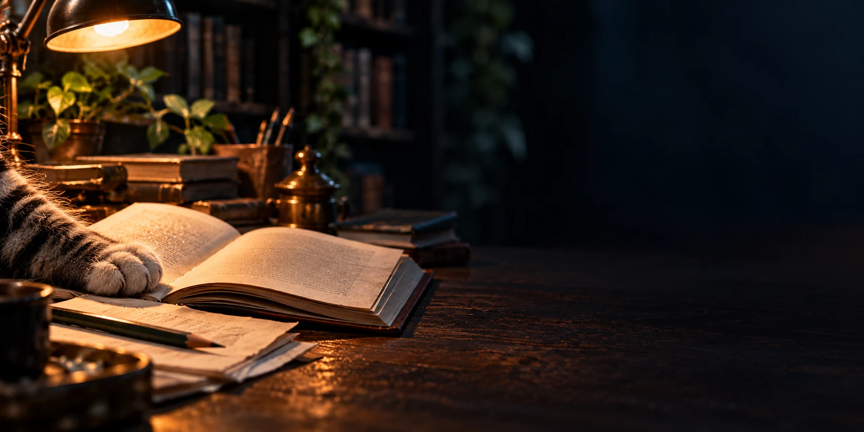 A warm pool of lamplight across an open book proof, a pencil and papers, with a tabby cat’s natural paw resting nearby